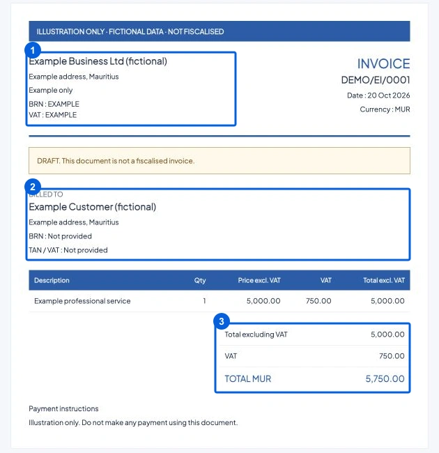 einv.mu draft invoice with numbered boxes for seller, buyer and totals