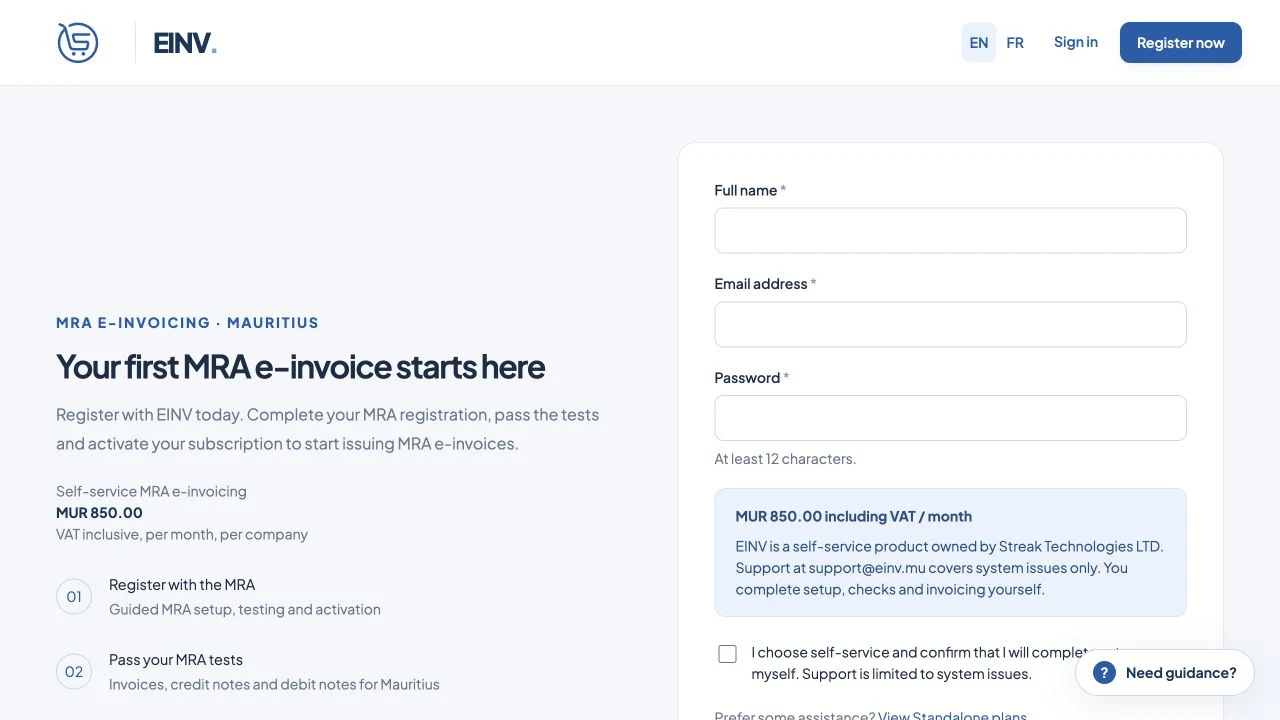 einv.mu sign-up screen showing the self-service acknowledgement