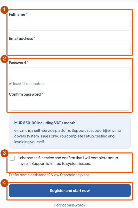 1: Votre nom et votre e-mail.; 2: Créez et confirmez votre mot de passe einv.mu.; 3: Lisez l’engagement de configuration en autonomie.; 4: Inscrivez-vous, puis suivez l’e-mail de vérification.