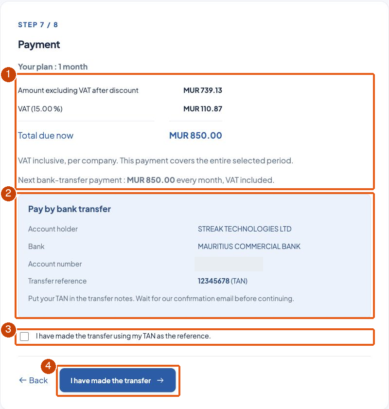 1: Vérifiez la formule et le total à payer.; 2: Copiez les coordonnées bancaires de l’application et utilisez votre TAN en référence.; 3: Cochez uniquement après le virement.; 4: Envoyez la confirmation de virement et attendez sa validation.