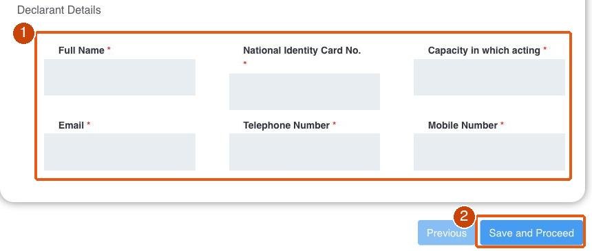 1: Saisissez l’identité, le rôle et les contacts de la personne autorisée.; 2: Save and Proceed : enregistrer et continuer.