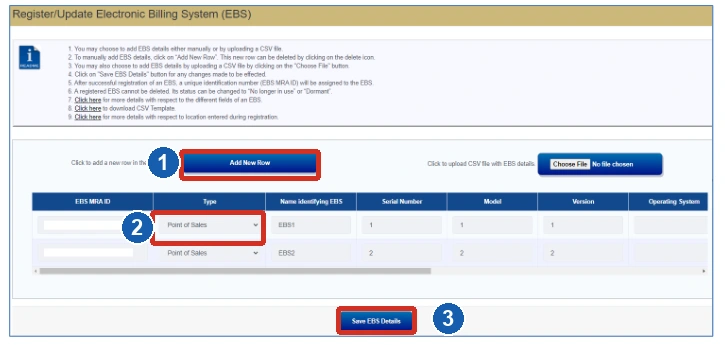 1: Ajoutez une ligne; 2: Choisissez le type d’EBS; 3: Save EBS Details