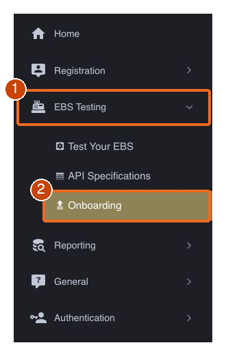 1: In the left-hand menu, open EBS Testing.; 2: Click Onboarding. The page heading will be Proceed To Onboarding.
