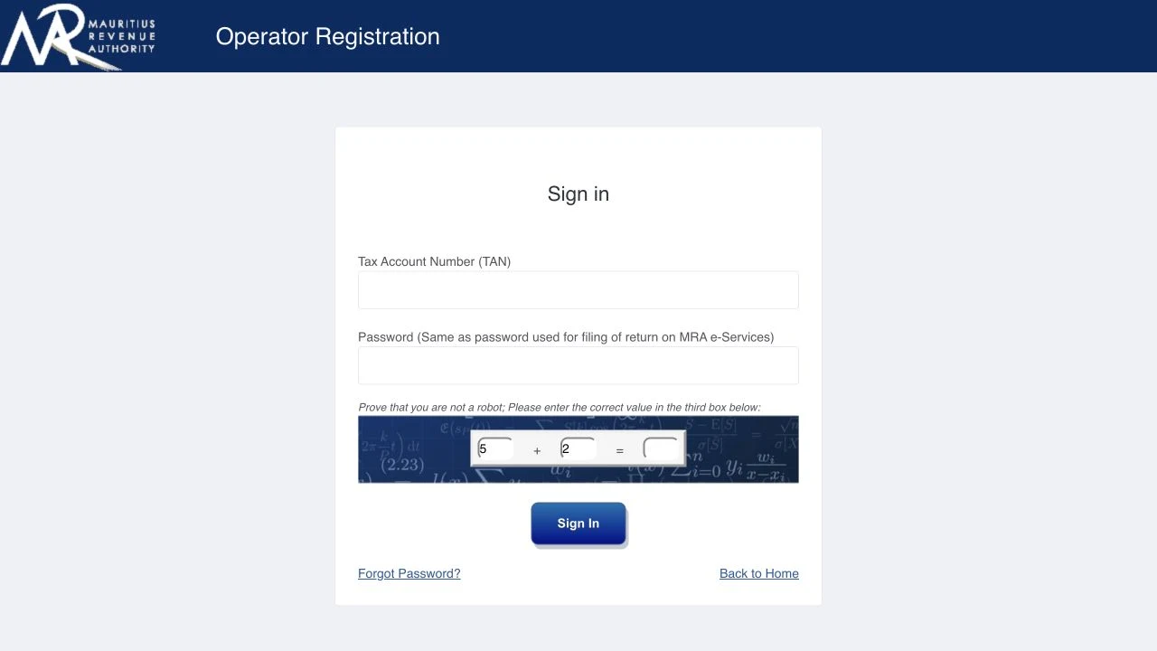 Official MRA Economic Operator login with TAN and e-Services password